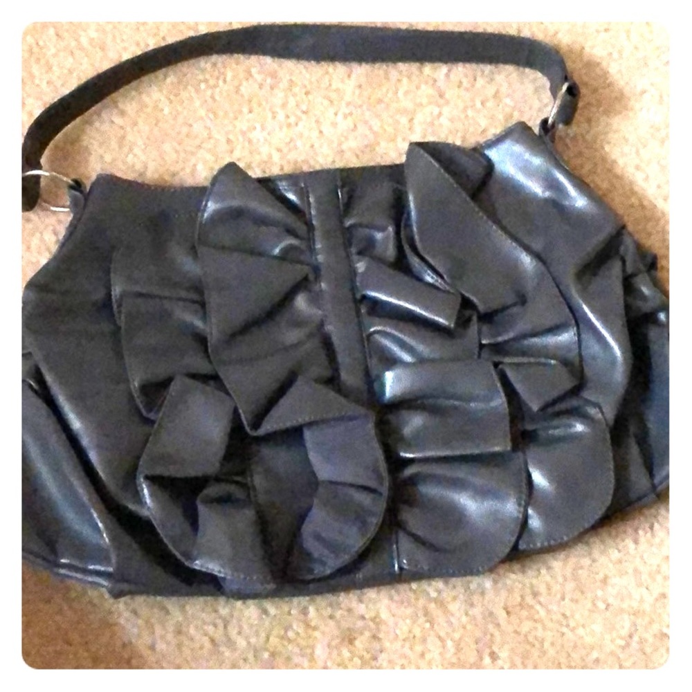 Large Gray Ruffled Shoulder Bag